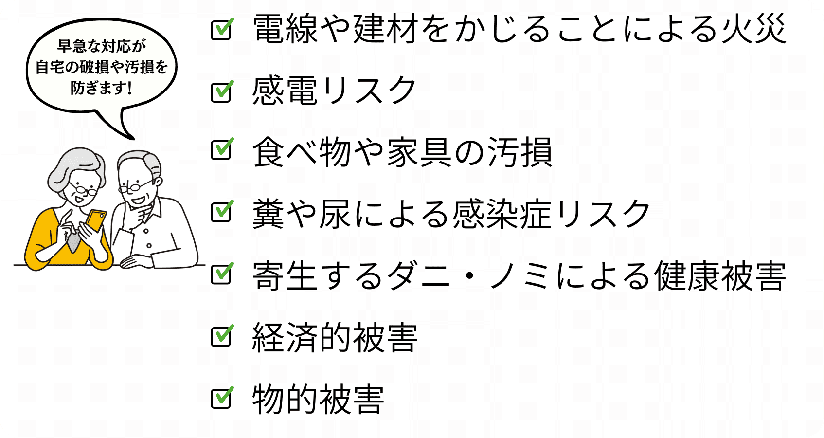 早急な対応が自宅の破損や汚損を防ぎます!電線や建材をかじることによる火災、感電リスク、食べ物や家具の汚損、糞や尿による感染症リスク、寄生するダニ・ノミによる健康被害、経済的被害、物的被害
